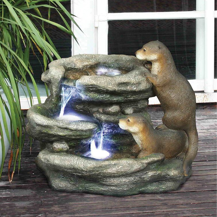 Bright Waters Otters Garden Fountain with Lights